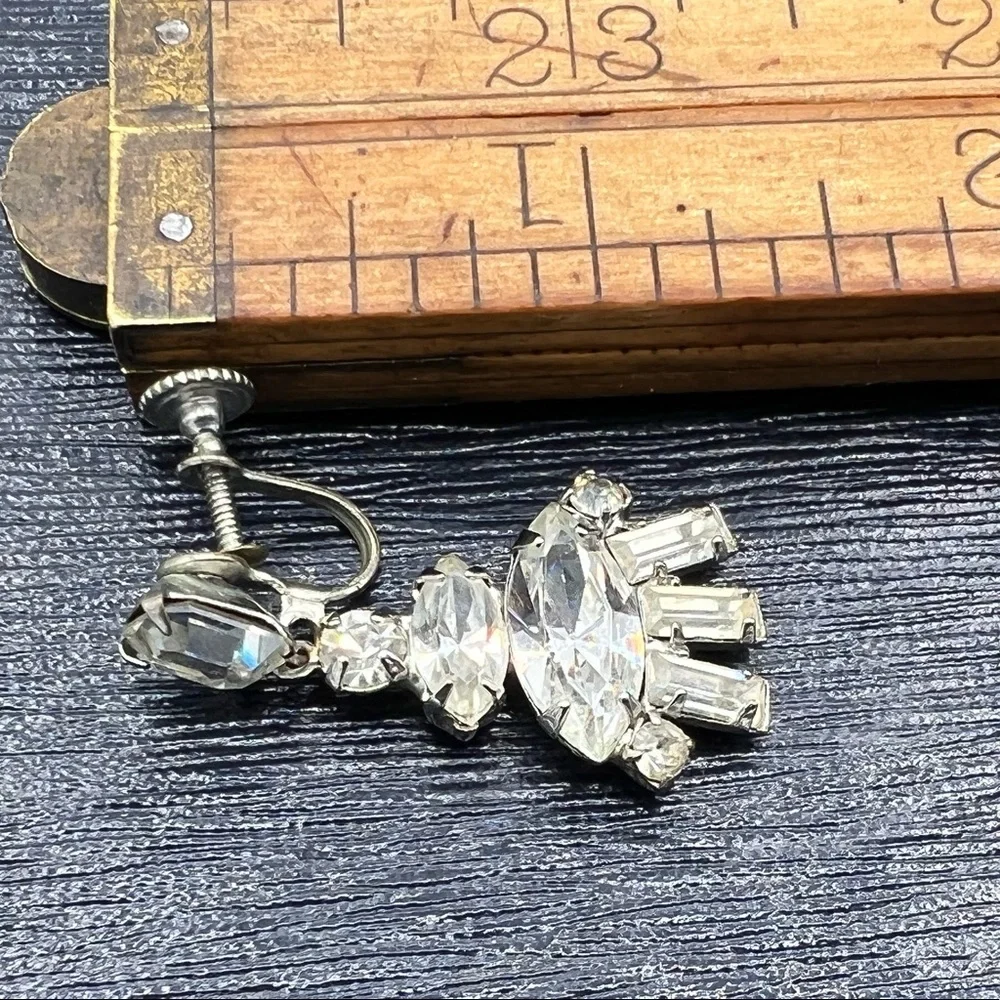 Vintage rhinestone clip on dangle silver costume earrings